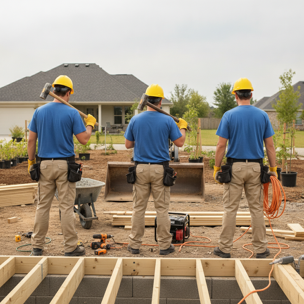 Create a realistic, professional service-business photograph showing General Labor Staffing from behind, with the backs of their heads visible. Do not show any faces, facial features, front-facing views or side views, profiles, or identifia