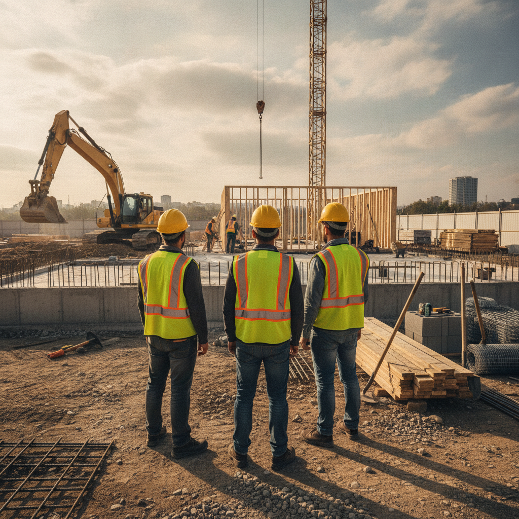 Create a realistic, professional service-business photograph showing Construction Staffing from behind, with the backs of their heads visible. Do not show any faces, facial features, front-facing views or side views, profiles, or identifiab