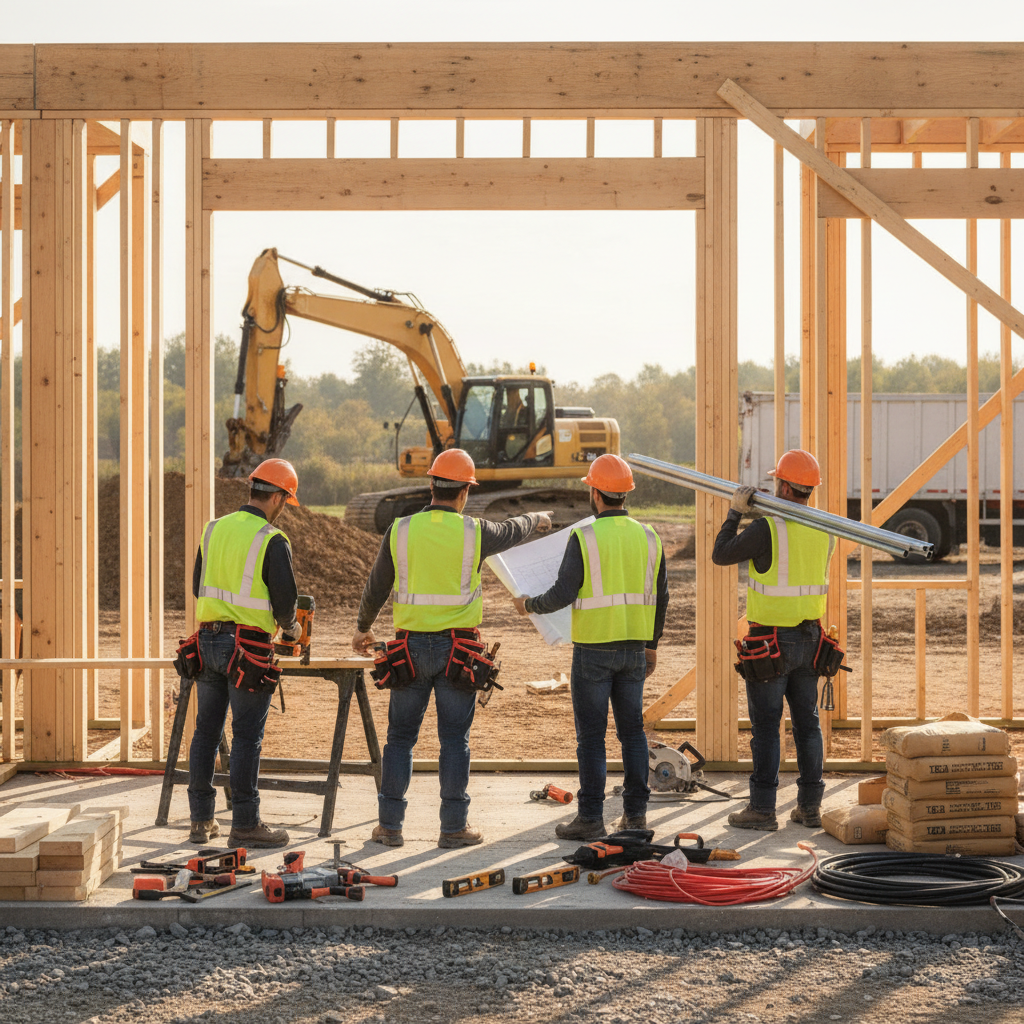 Create a realistic, professional service-business photograph showing Skilled Labor Staffing from behind, with the backs of their heads visible. Do not show any faces, facial features, front-facing views or side views, profiles, or identifia
