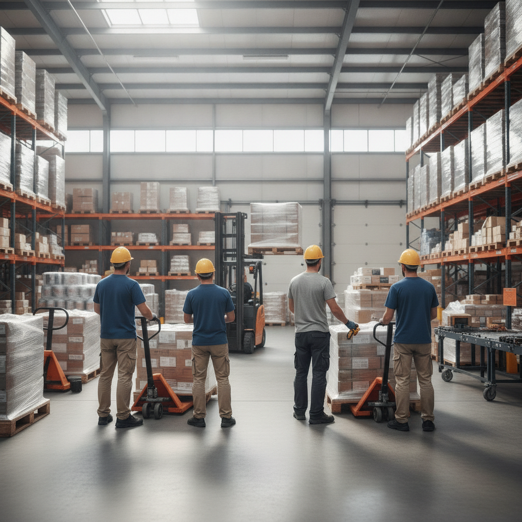 Create a realistic, professional service-business photograph showing Warehouse Staffing from behind, with the backs of their heads visible. Do not show any faces, facial features, front-facing views or side views, profiles, or identifiable