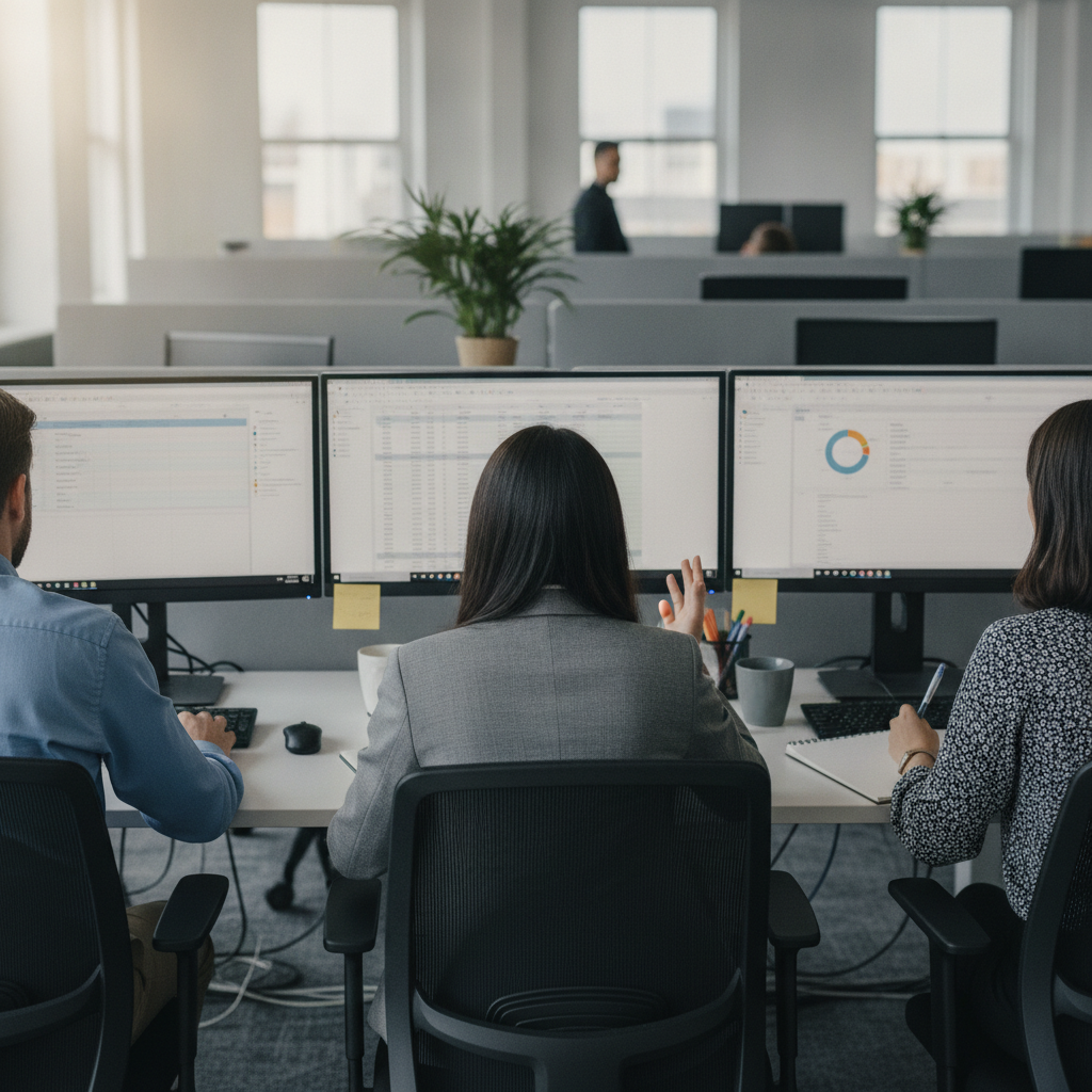 Create a realistic, professional service-business photograph showing Office Temporary Staffing from behind, with the backs of their heads visible. Do not show any faces, facial features, front-facing views or side views, profiles, or identi